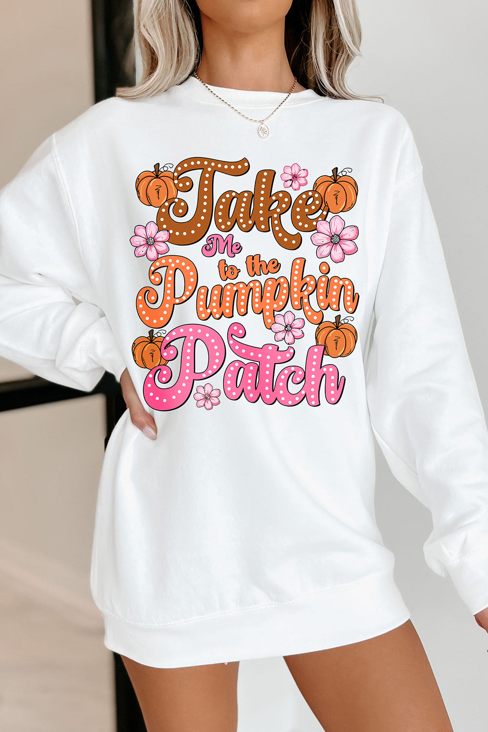 White Take Me to the Pumpkin Patch Floral Halloween Sweatshirt Graphic Sweatshirts JT's Designer Fashion