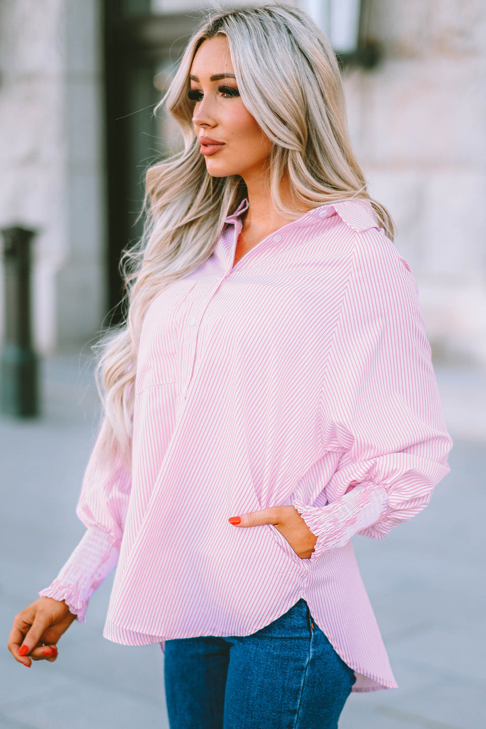 Pink Smocked Cuffed Striped Boyfriend Shirt with Pocket Blouses & Shirts JT's Designer Fashion