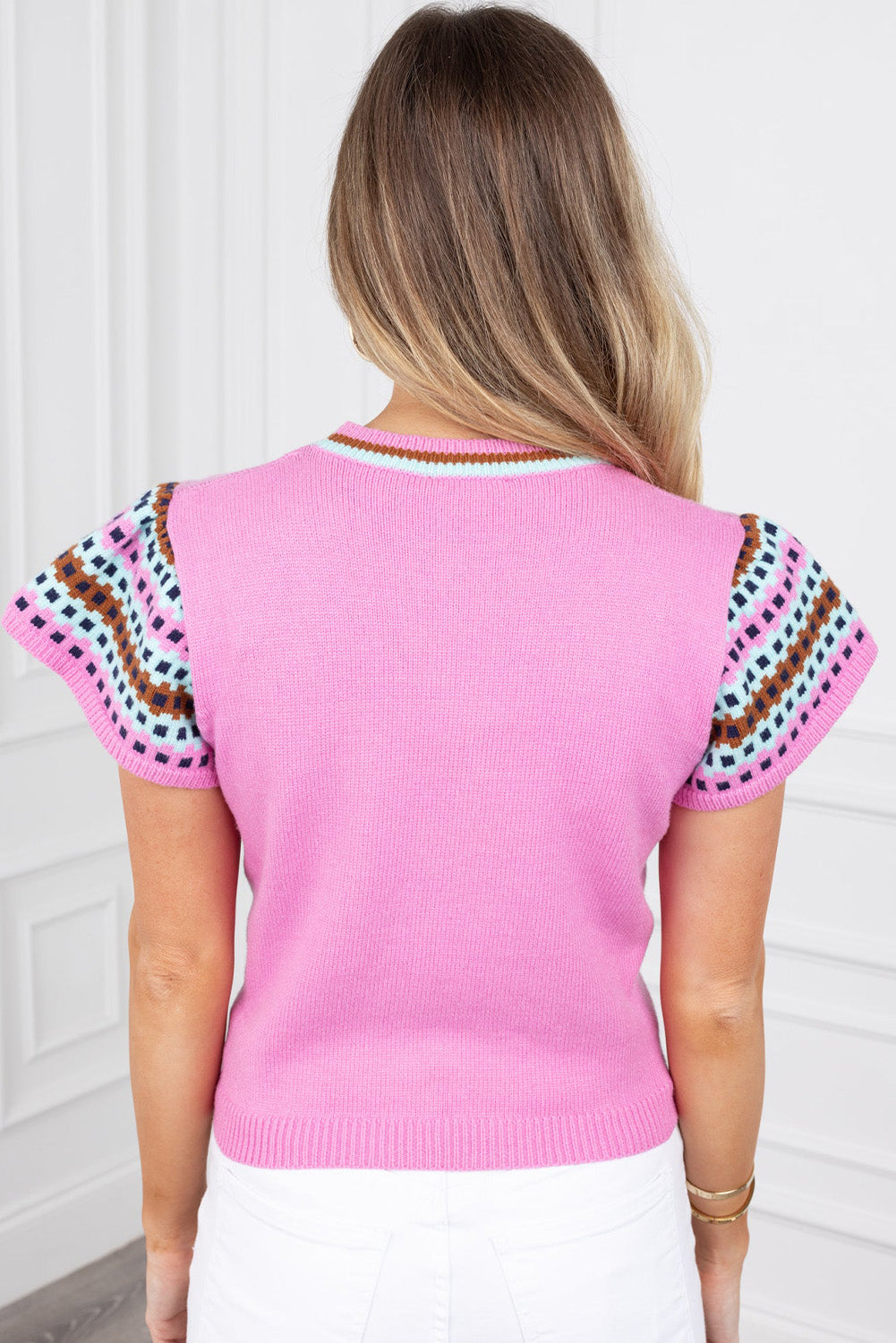 Bright Pink Colorblock Printed Crewneck Short Sleeve Sweater Pre Order Sweaters & Cardigans JT's Designer Fashion