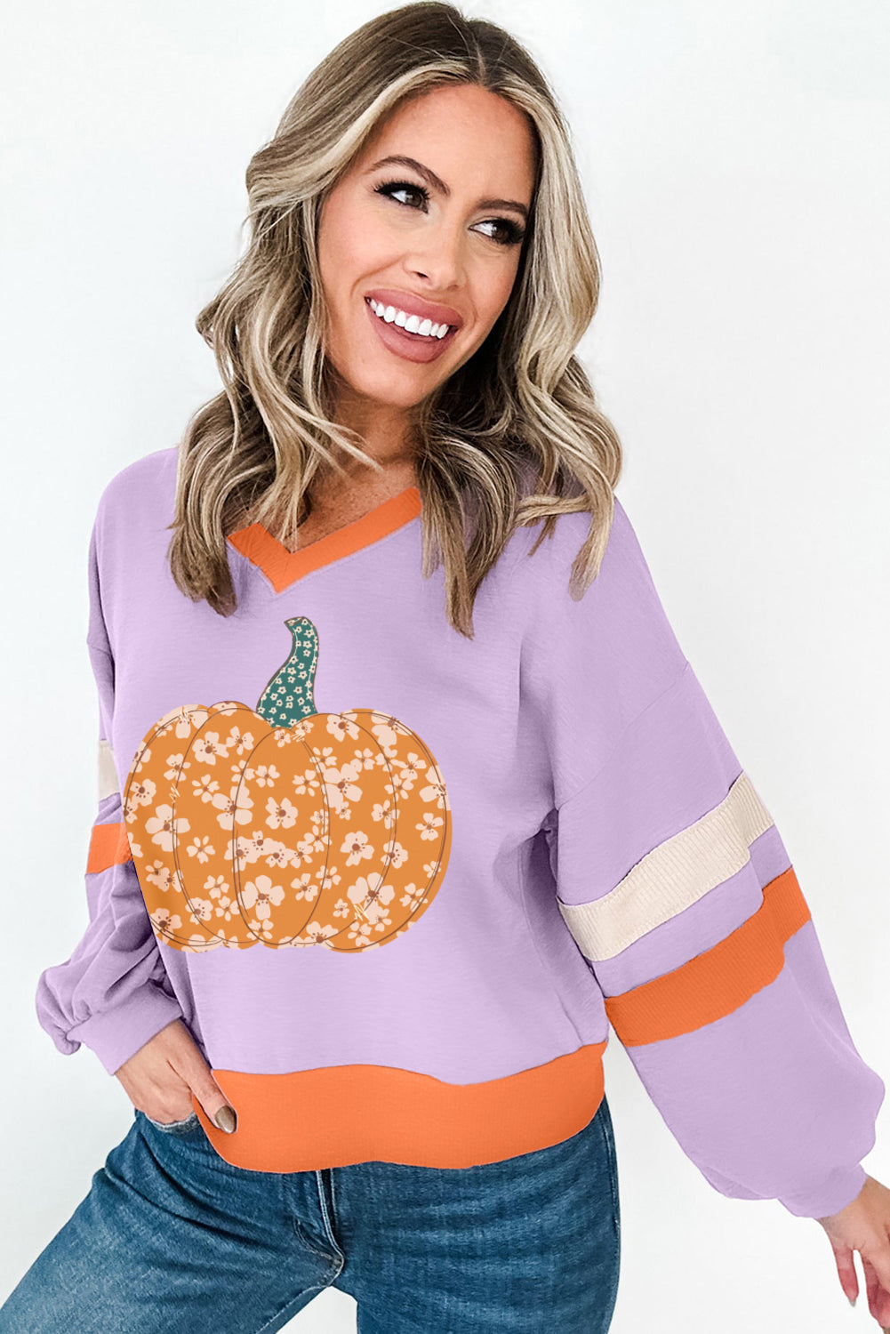 Orchid Bouquet Halloween Floral Pumpkin Color Block V Neck Sweatshirt Graphic Sweatshirts JT's Designer Fashion