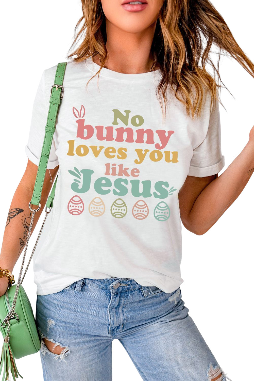 White No bunny loves you like Jesus Graphic Easter Day T-shirt Graphic Tees JT's Designer Fashion