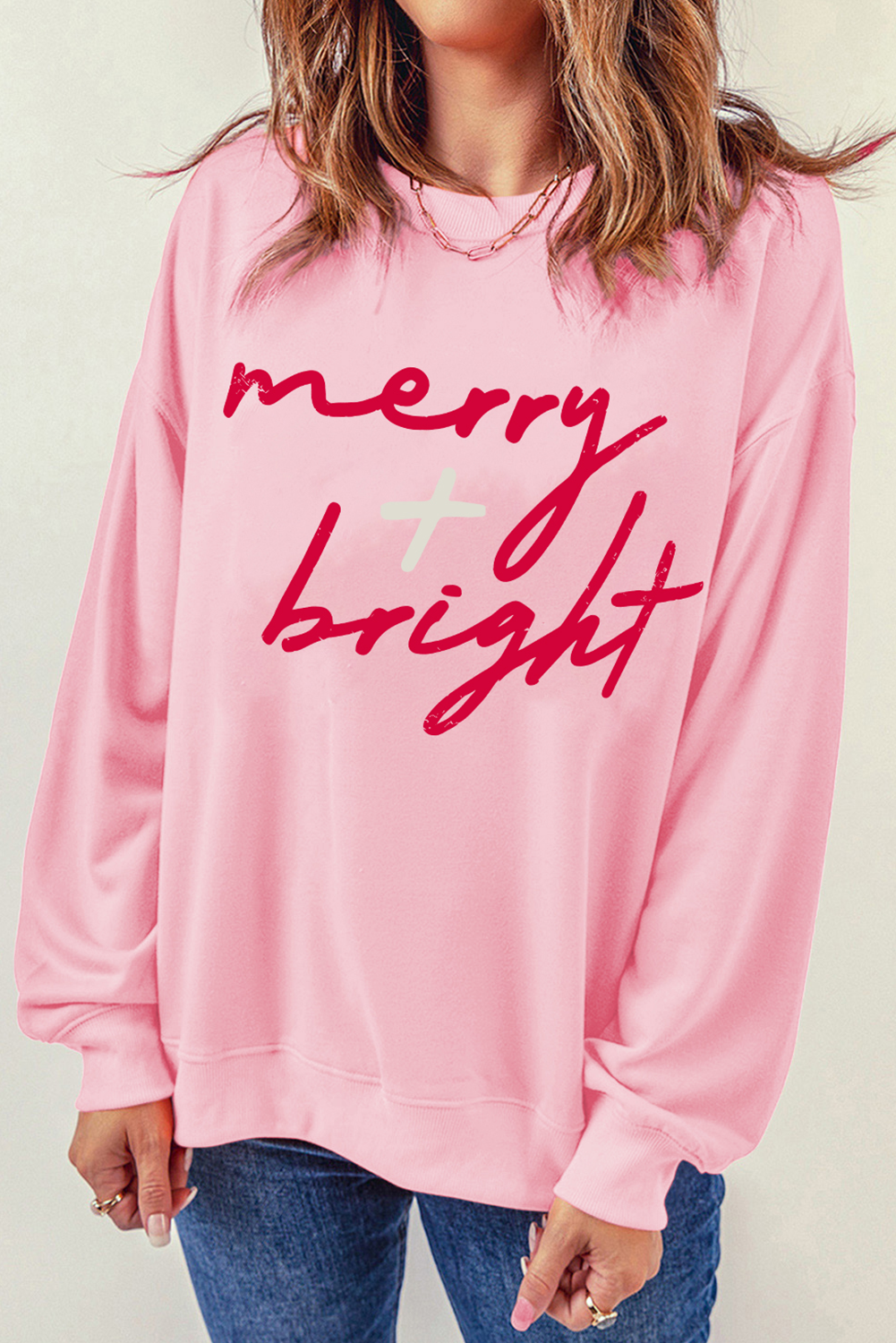 Pink merry + bright Christmas Fashion Graphic Sweatshirt Graphic Sweatshirts JT's Designer Fashion