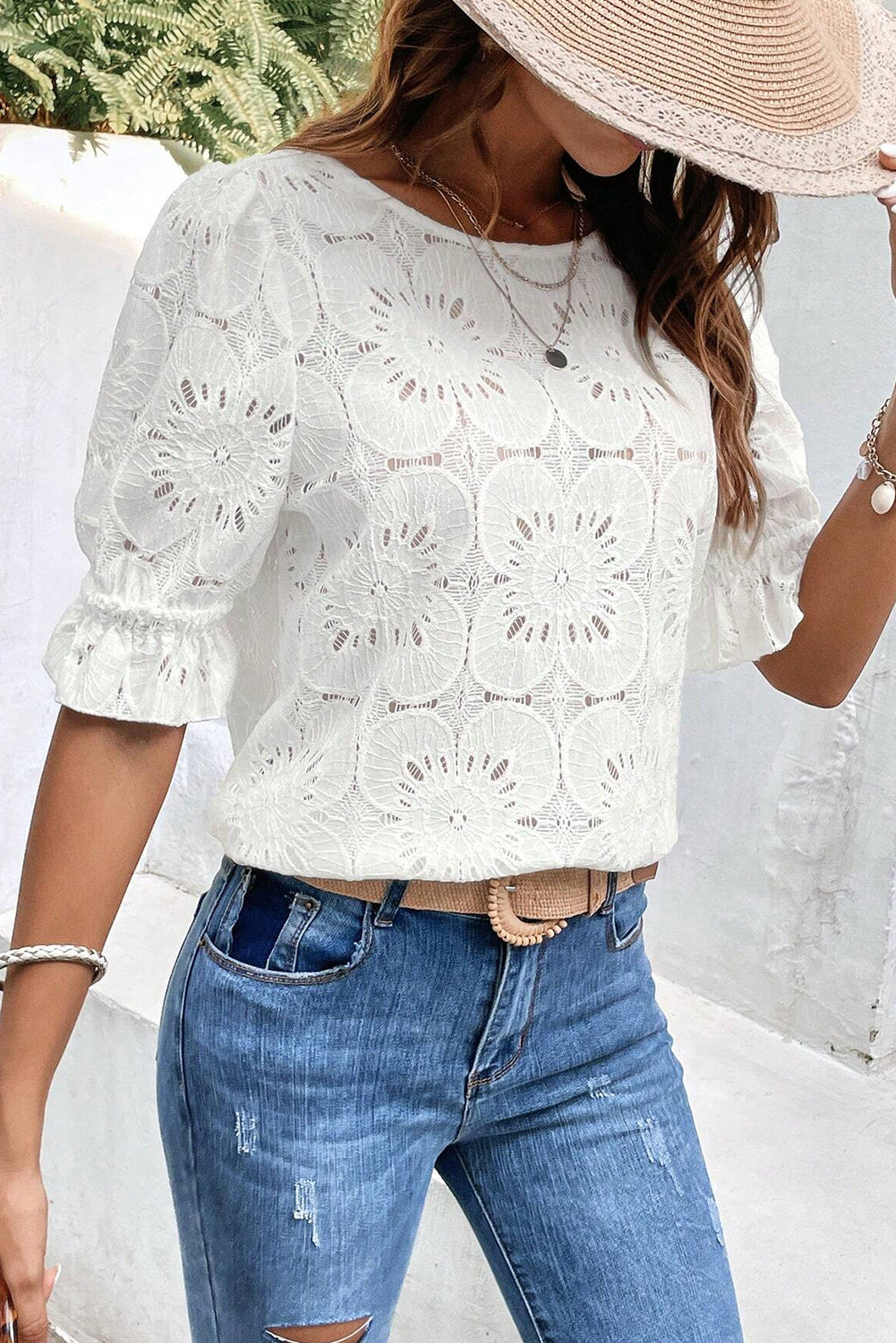 White Flower Eyelet Jacquard Keyhole Flounce Sleeve Top Pre Order Tops JT's Designer Fashion