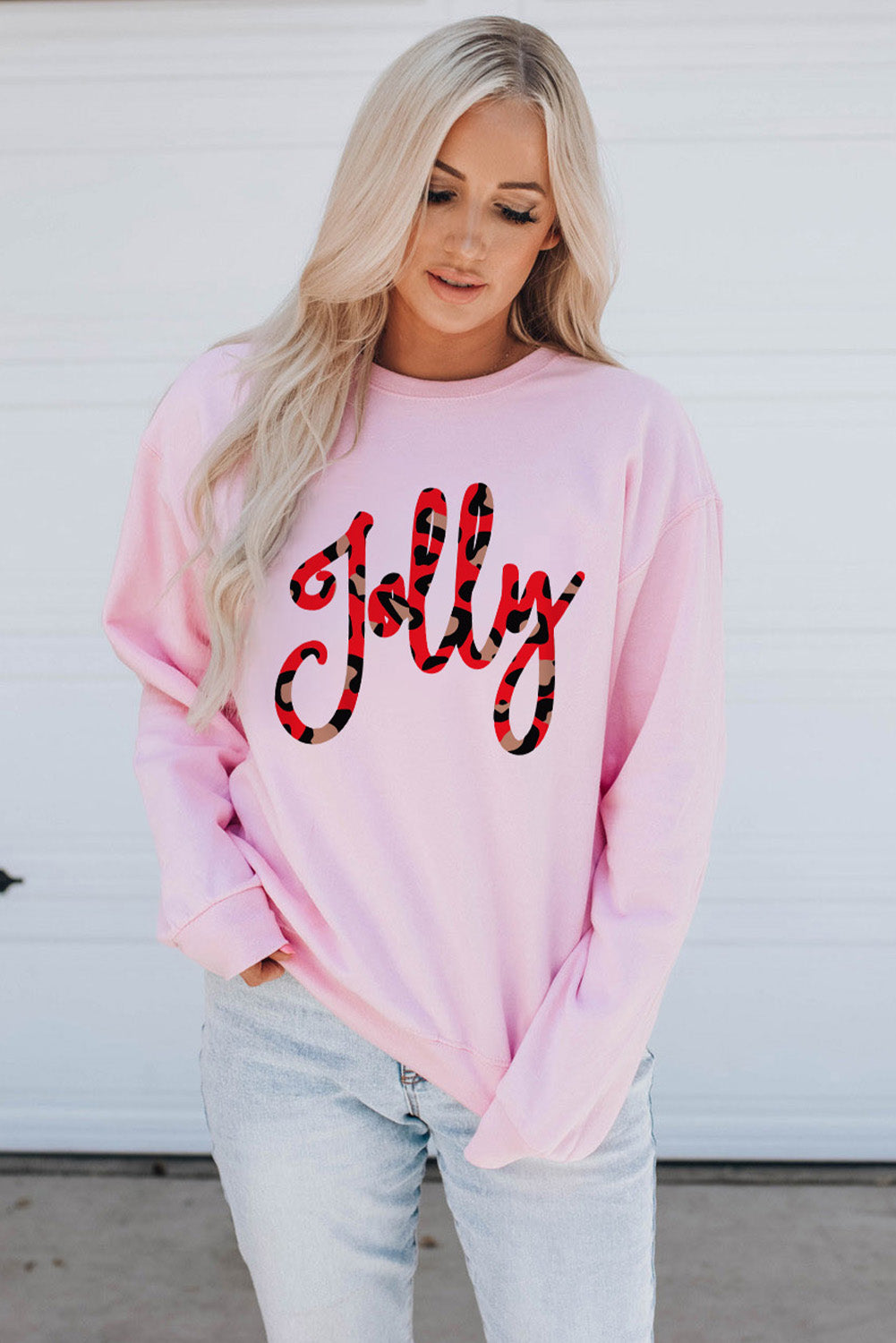 Pink Leopard Shading Jolly Letter Print Sweatshirt Graphic Sweatshirts JT's Designer Fashion