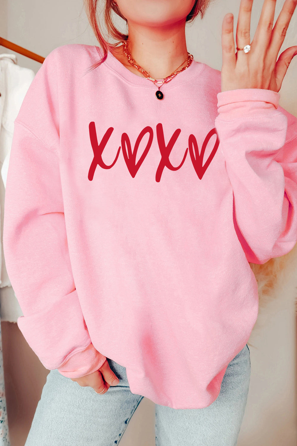 Pink Heart XOXO Graphic Crewneck Drop Shoulder Valentines Sweatshirt Pink 50%Polyester+50%Cotton Graphic Sweatshirts JT's Designer Fashion