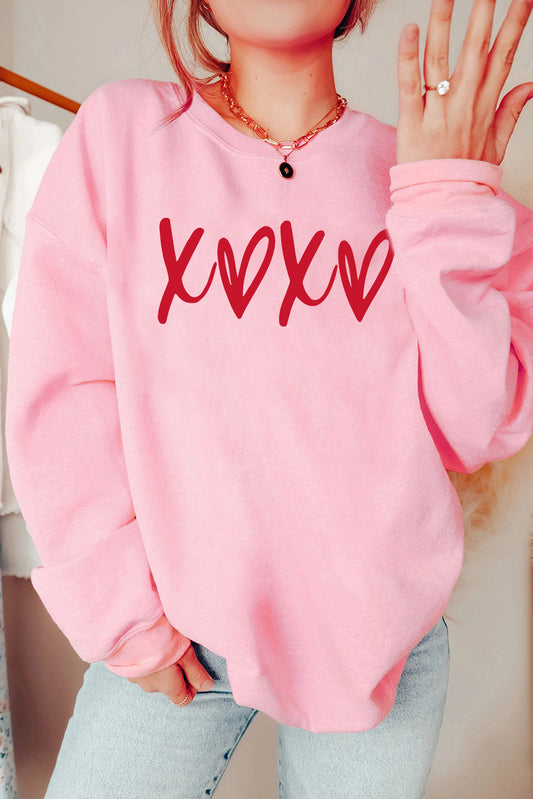 Pink Heart XOXO Graphic Crewneck Drop Shoulder Valentines Sweatshirt Pink 50%Polyester+50%Cotton Graphic Sweatshirts JT's Designer Fashion