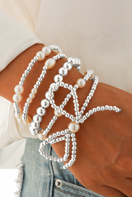 Silvery Bow Knot Pearl Beaded Multi Layered Bracelet Set Jewelry JT's Designer Fashion