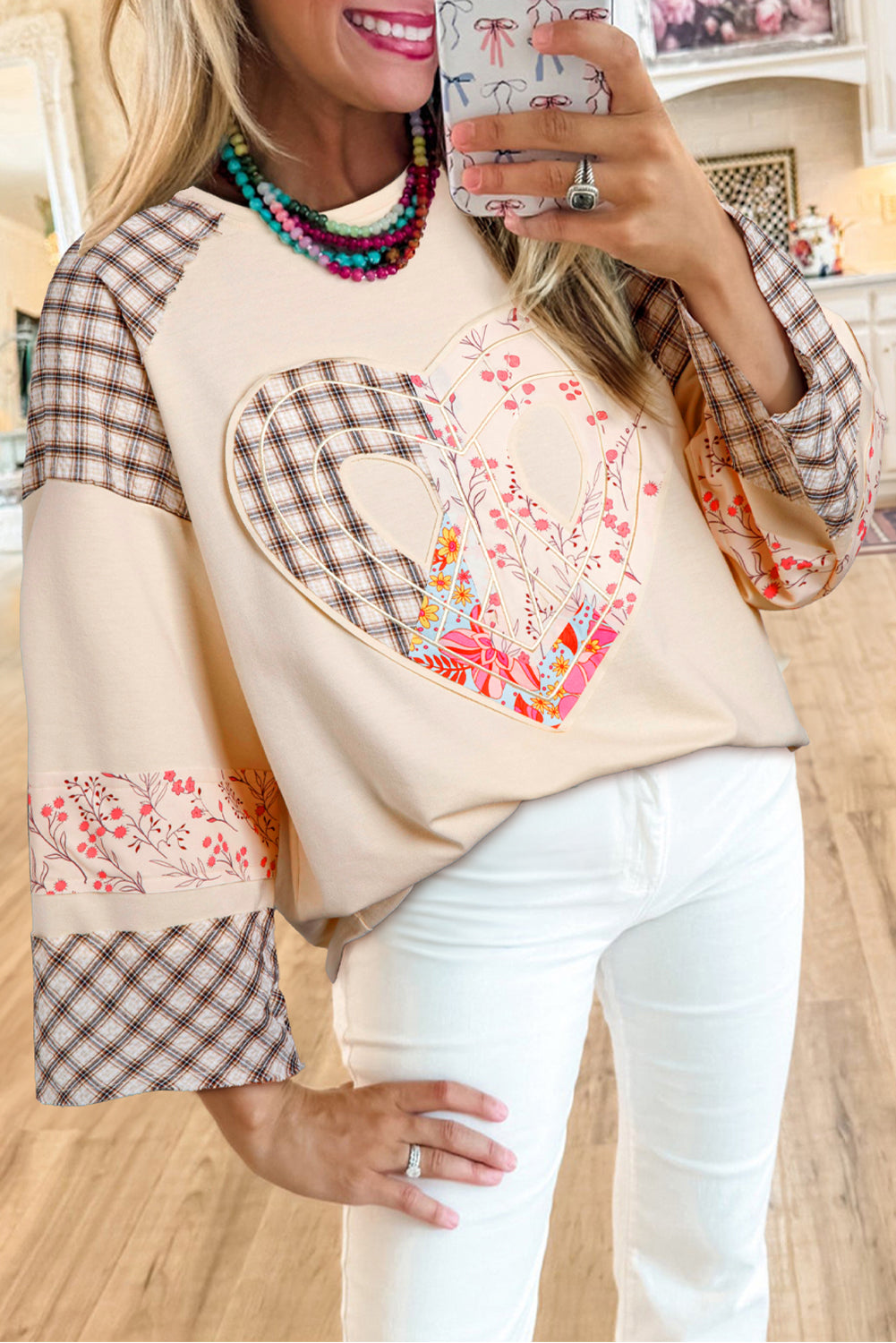 Beige Plaid Floral Peace Heart Graphic Wide Long Sleeve Top Long Sleeve Tops JT's Designer Fashion