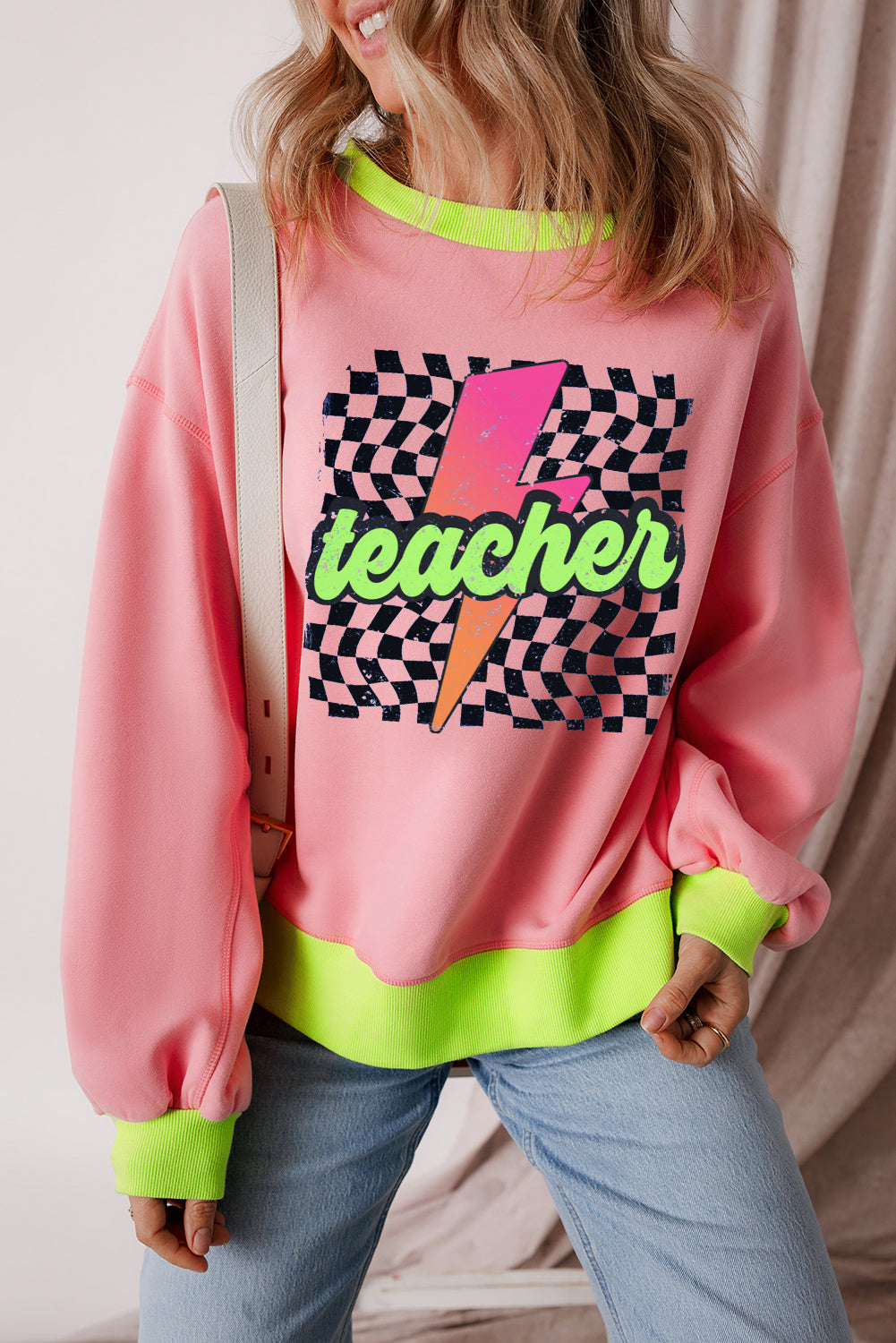 Pink Teacher Lightning Checkered Print Color Block Sweatshirt Pink 50%Polyester+50%Cotton Graphic Sweatshirts JT's Designer Fashion