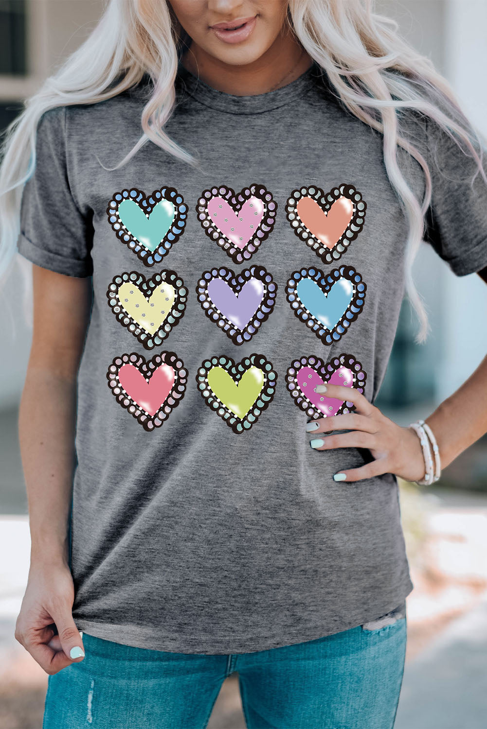 Gray Colorful Heart Shaped Print Crew Neck Casual Tee Graphic Tees JT's Designer Fashion