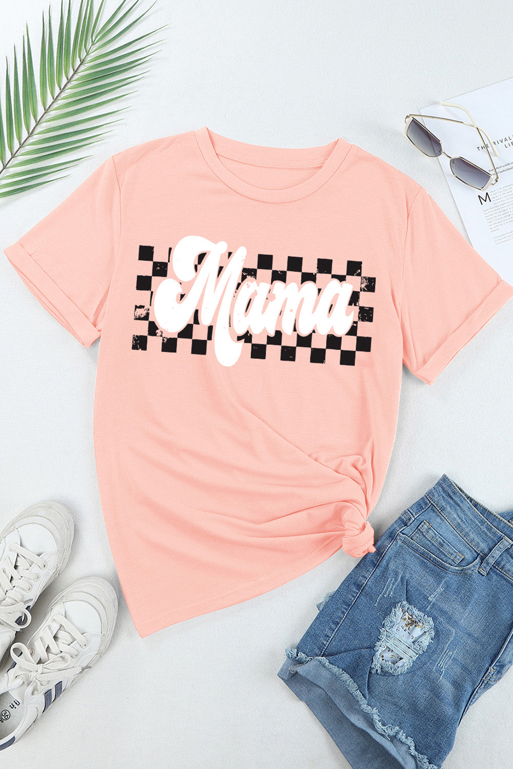 Pink Mama Checkered Print O Neck Casual T Shirt Graphic Tees JT's Designer Fashion