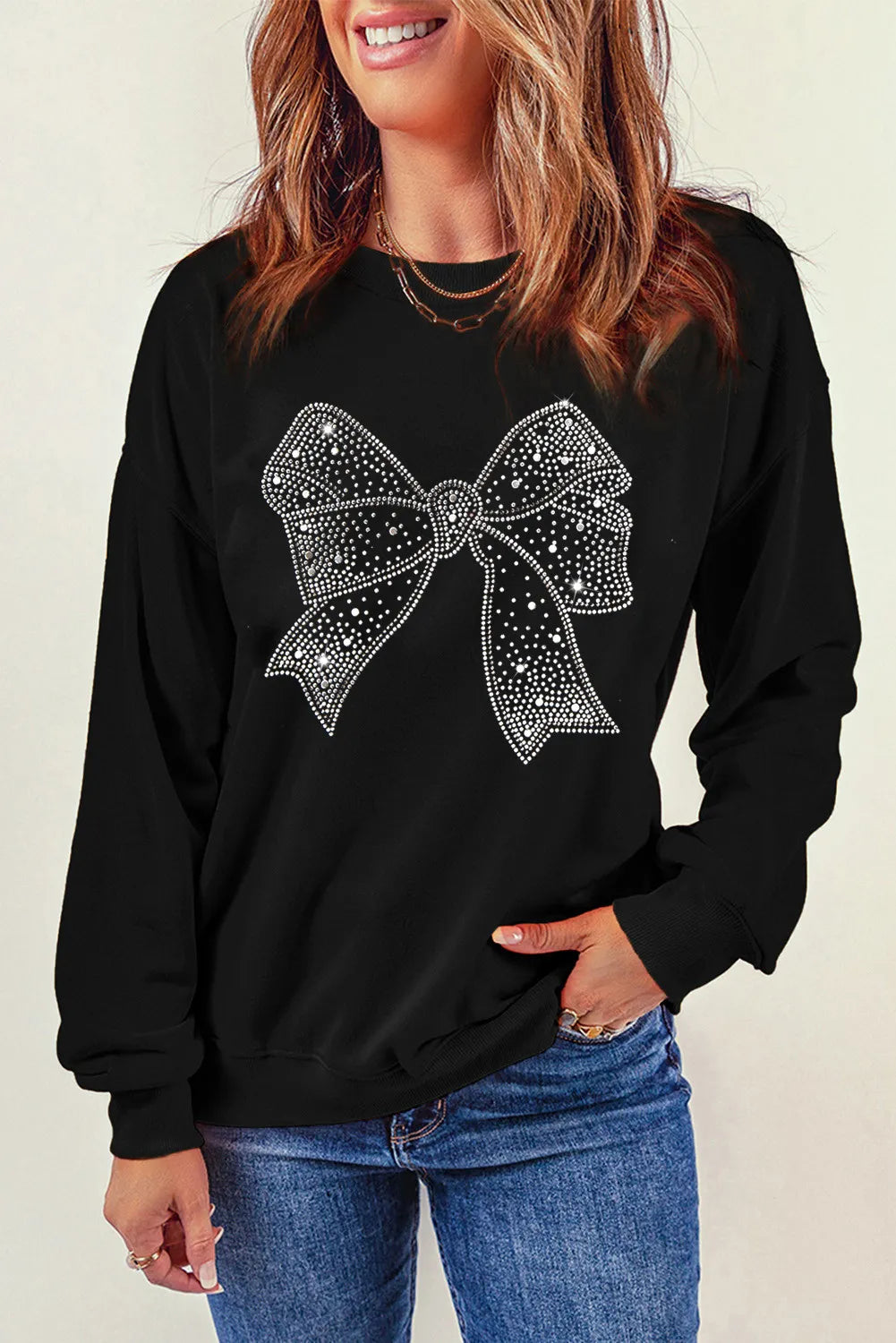 Rhinestone Bow Round Neck Long Sleeve Sweatshirt Long Sleeve Tops JT's Designer Fashion