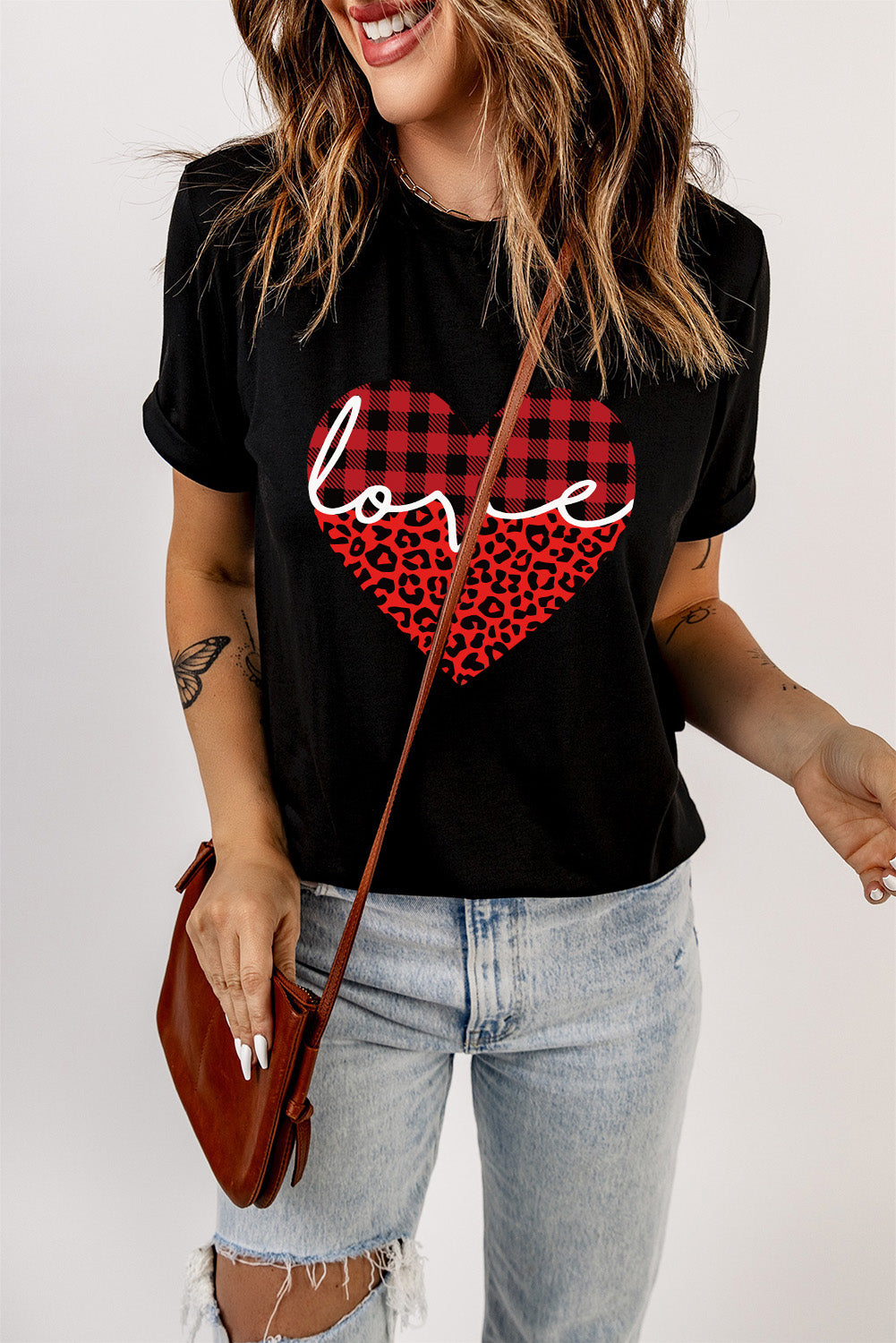 Black Love Leopard Plaid Heart Shaped Crewneck T Shirt Graphic Tees JT's Designer Fashion