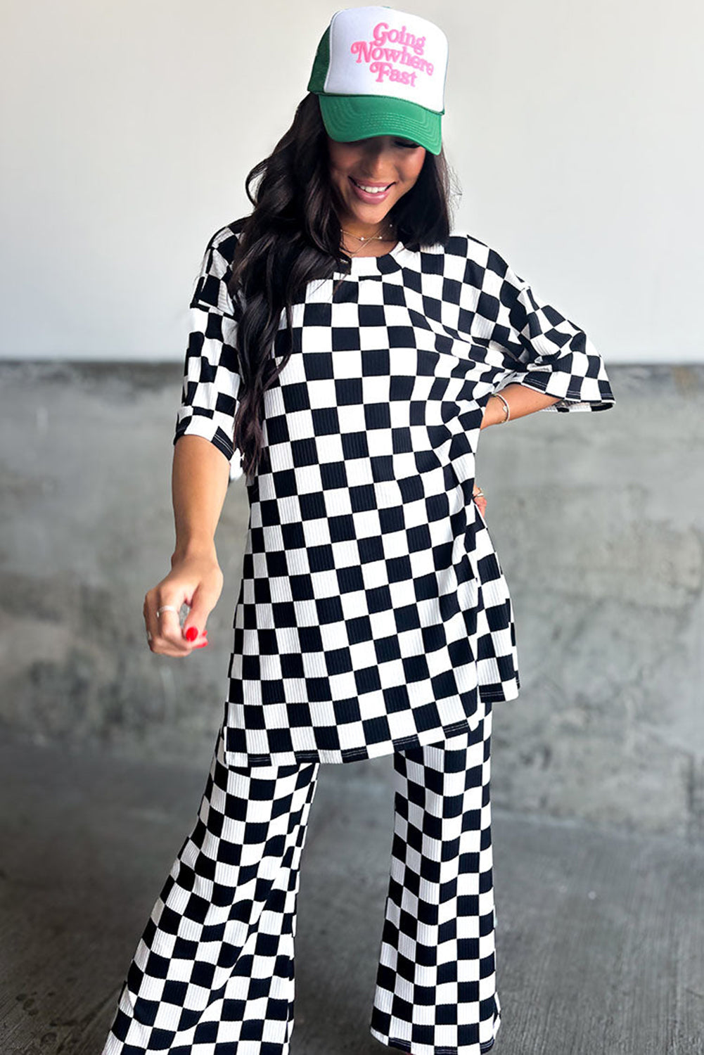 Black Checkered Print Half Sleeve Tunic Top and Flared Pants Set Pant Sets JT's Designer Fashion