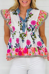 Pink Floral Print Tie Neck Striped Detail Flutter Sleeve Blouse Pre Order Tops JT's Designer Fashion