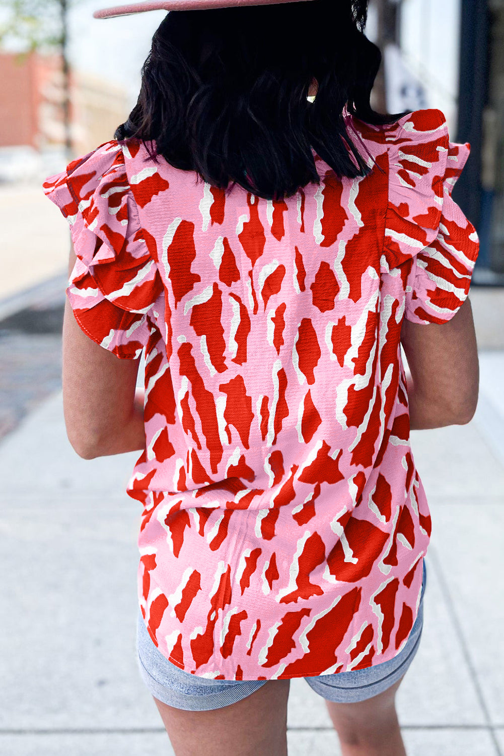 Pink Abstract Print V Neck Ruffled Sleeve Blouse Tops & Tees JT's Designer Fashion