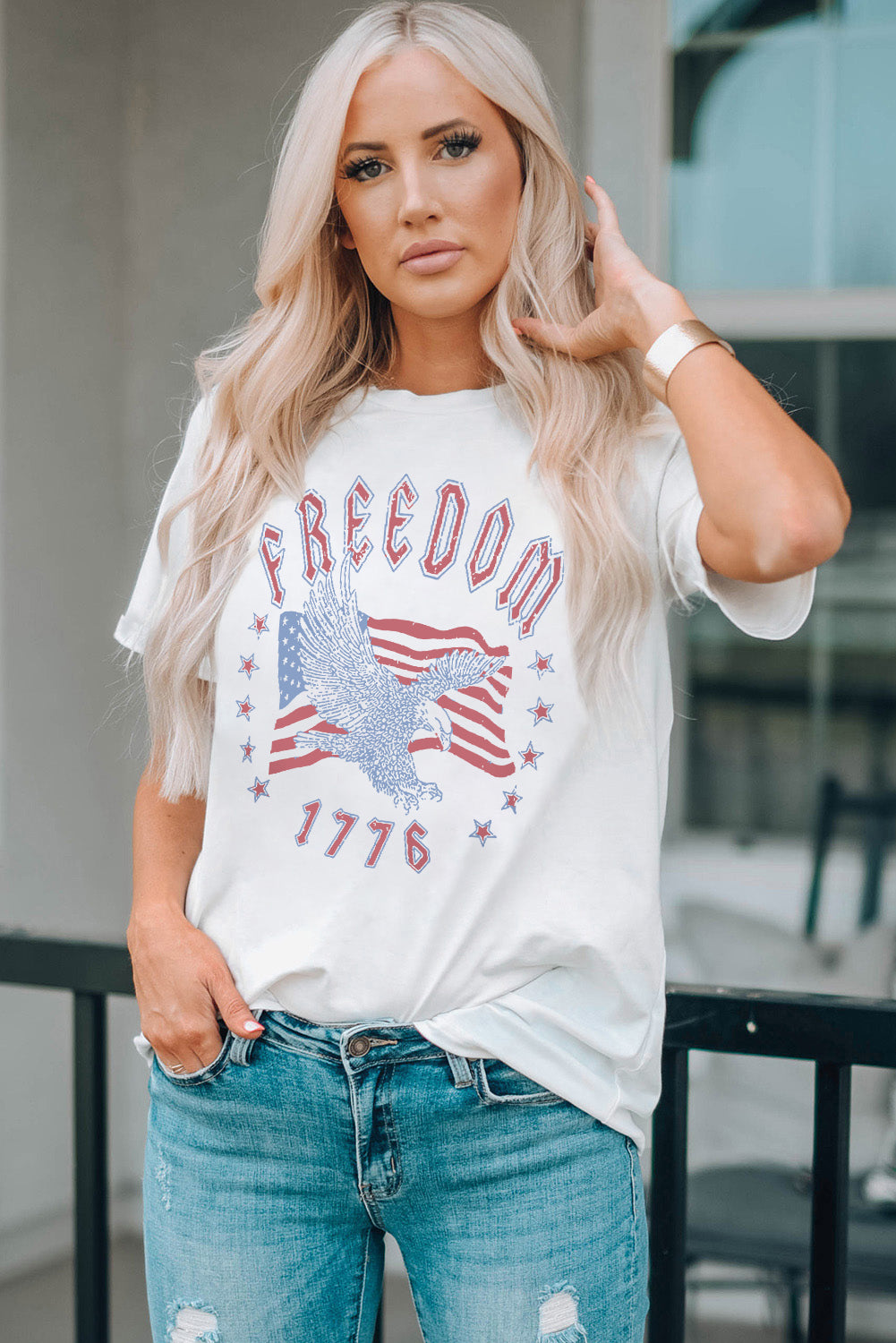 White FREEDOM Eagle Flag Print 1776 Graphic Tee Graphic Tees JT's Designer Fashion