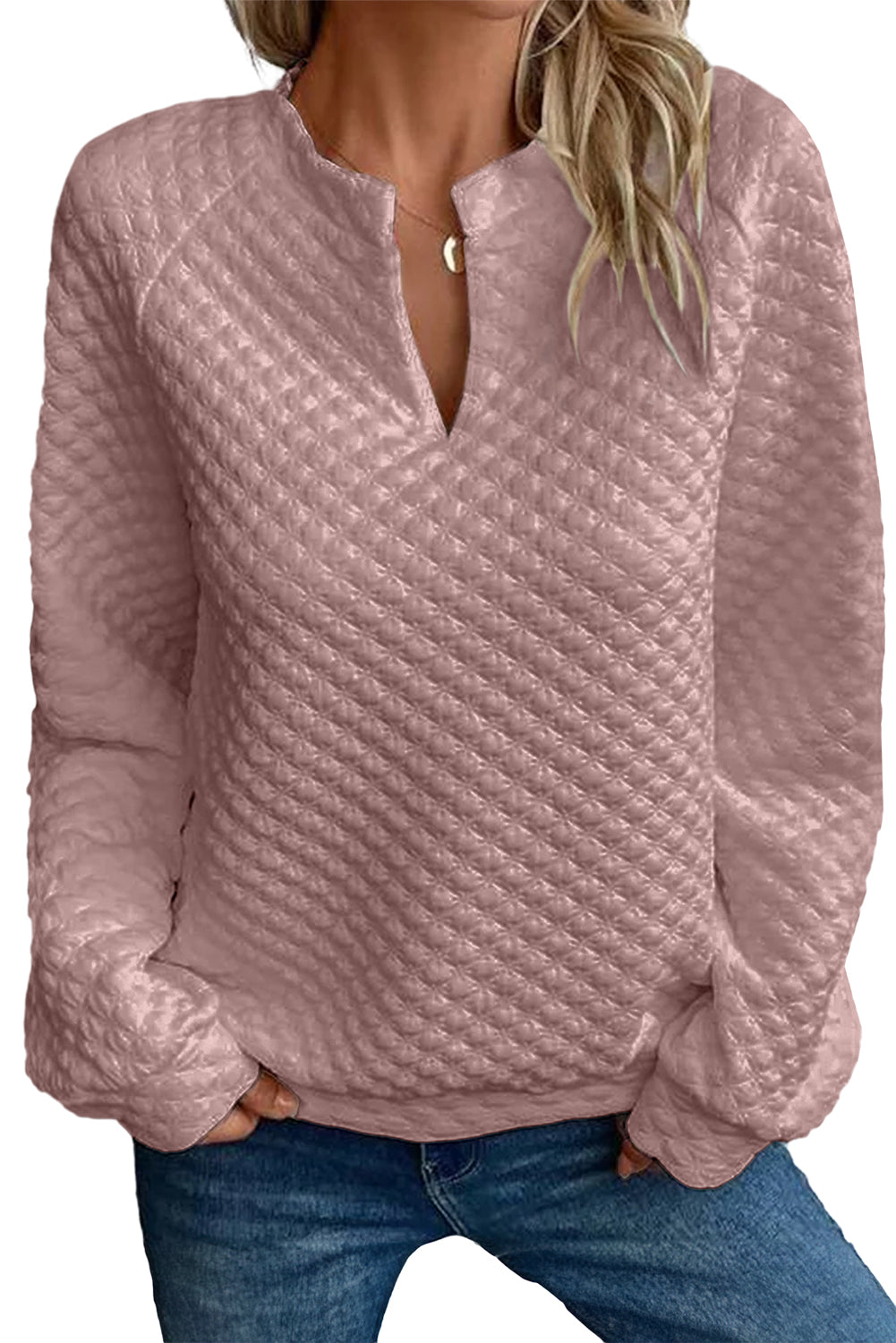 Light Pink Split Neck Quilted Long Sleeve Top Tops & Tees JT's Designer Fashion