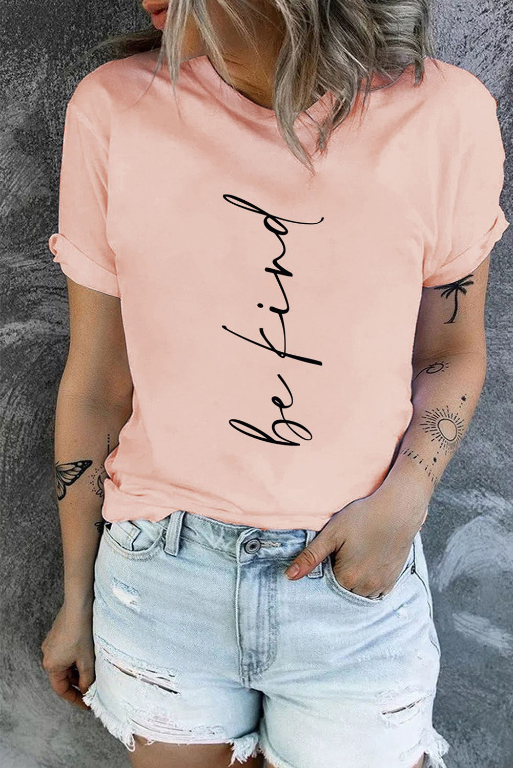 Pink Be Kind Letter Printed Crewneck T Shirt Graphic Tees JT's Designer Fashion