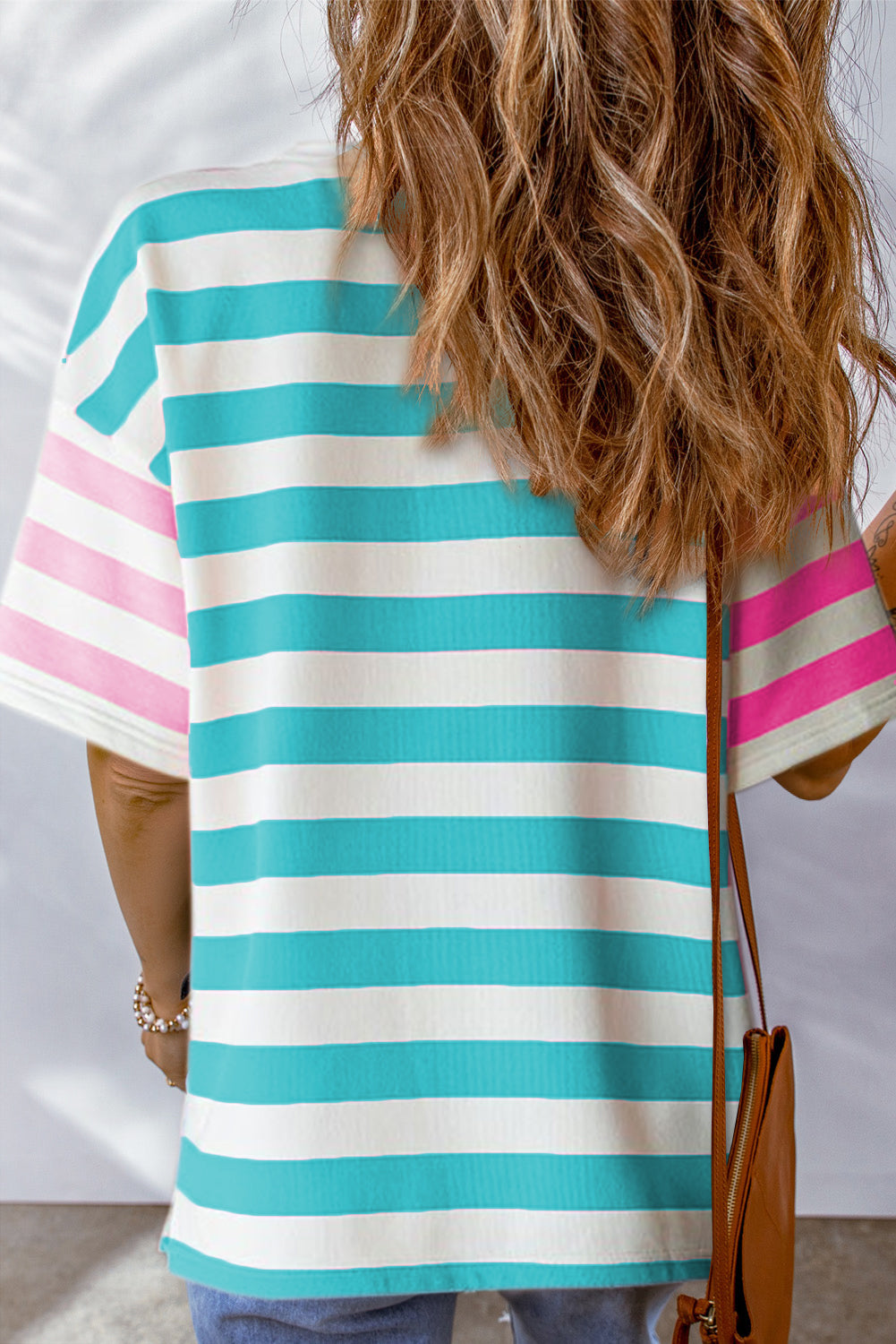 Blue Stripe Contrast Patch Pocket Drop Sleeve T Shirt Tops & Tees JT's Designer Fashion