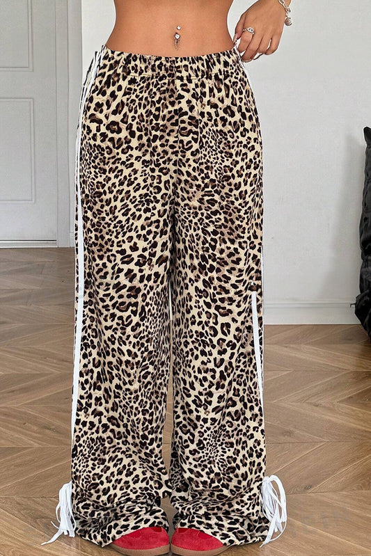 Apricot Leopard Print Varsity Stripes Bow Tie Wide Leg Pants Bottoms JT's Designer Fashion