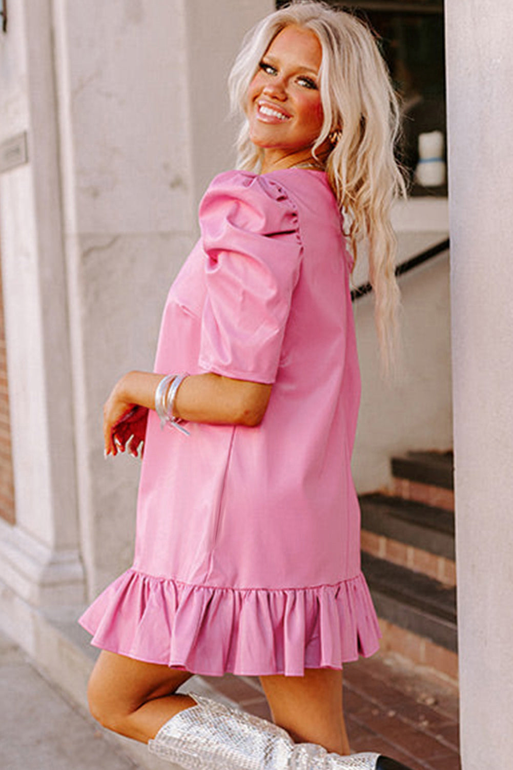 Sachet Pink Pleather Bubble Short Sleeve V Neck Ruffled Hem Mini Dress Mini Dresses JT's Designer Fashion