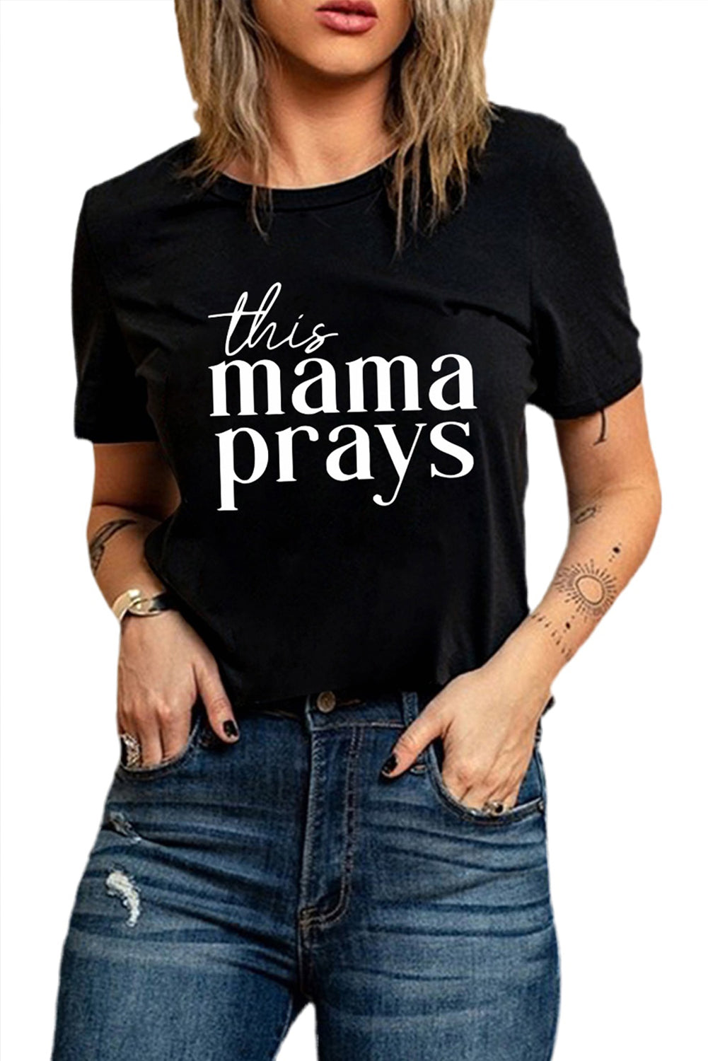 Black This mama prays Graphic Plain Tee Graphic Tees JT's Designer Fashion