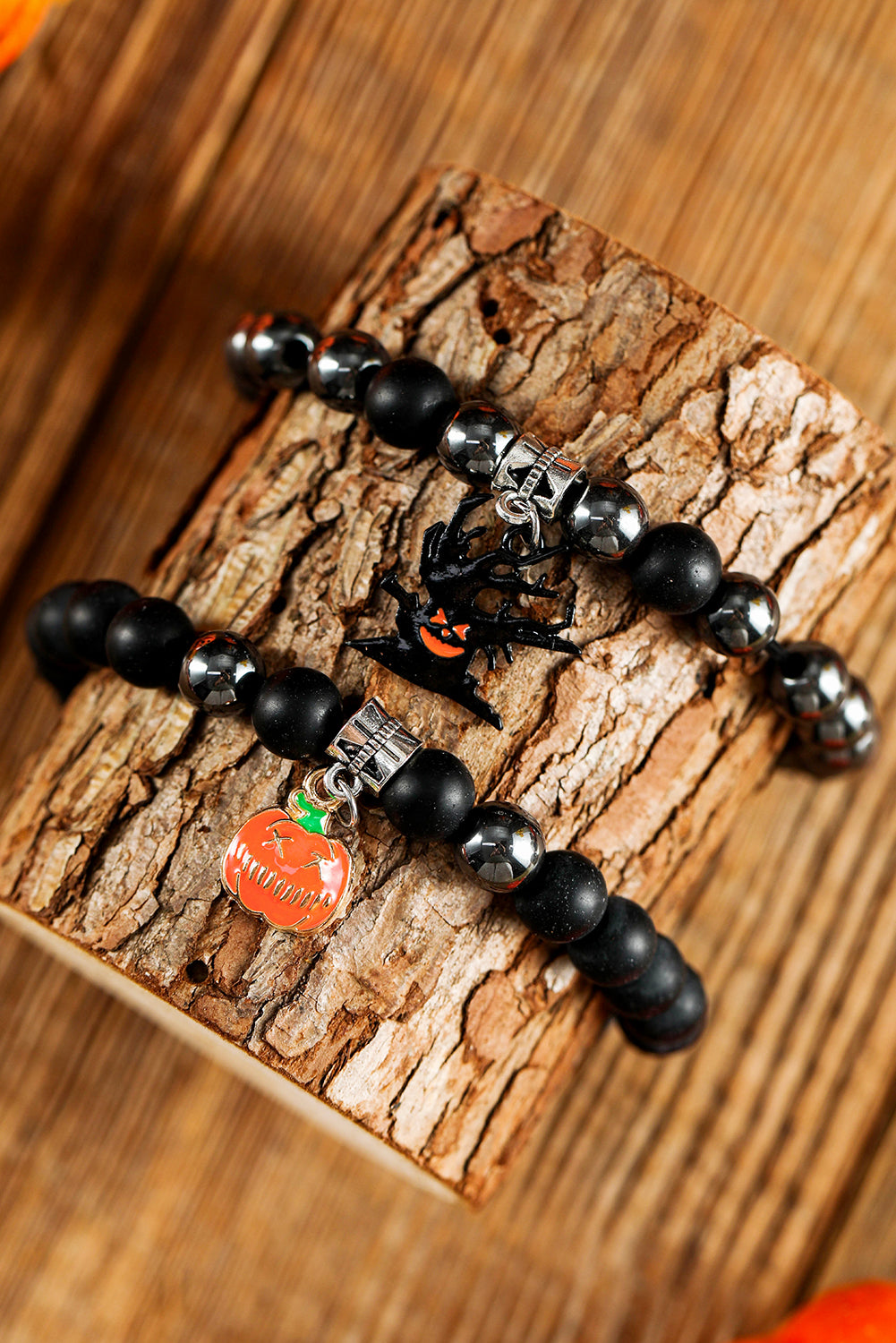 Black Halloween Pumpkin Ghost Pendant Beaded Layered Bracelet Set Jewelry JT's Designer Fashion