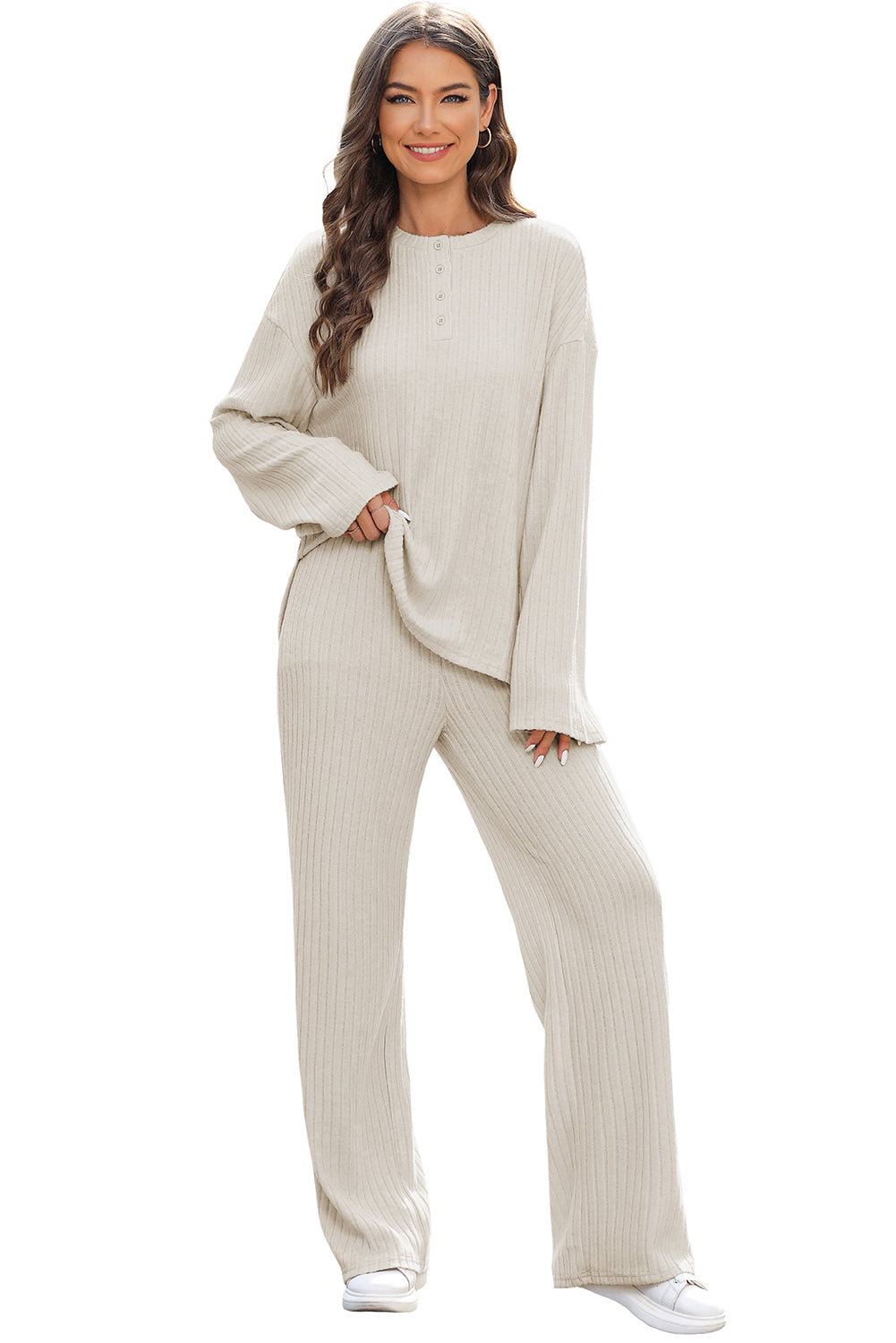 Beige Ribbed Drop Shoulder Henley Top Wide Leg Pants Set Pant Sets JT's Designer Fashion