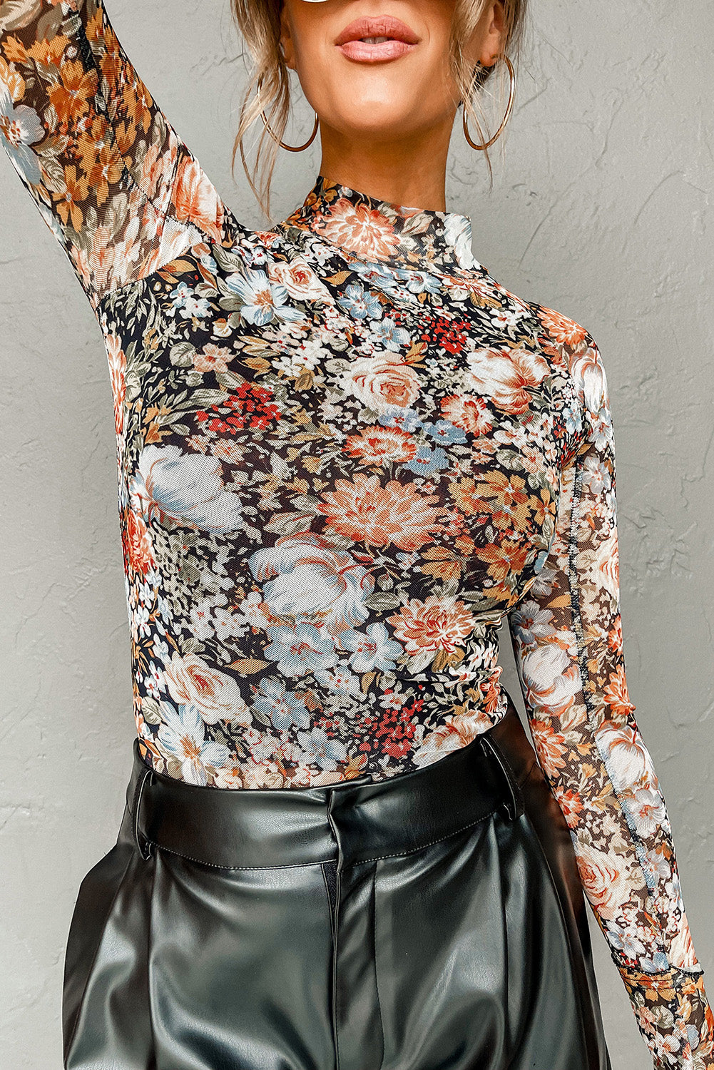 Brown Floral Long Sleeve High Neck Sheath Mesh Blouse Blouses & Shirts JT's Designer Fashion