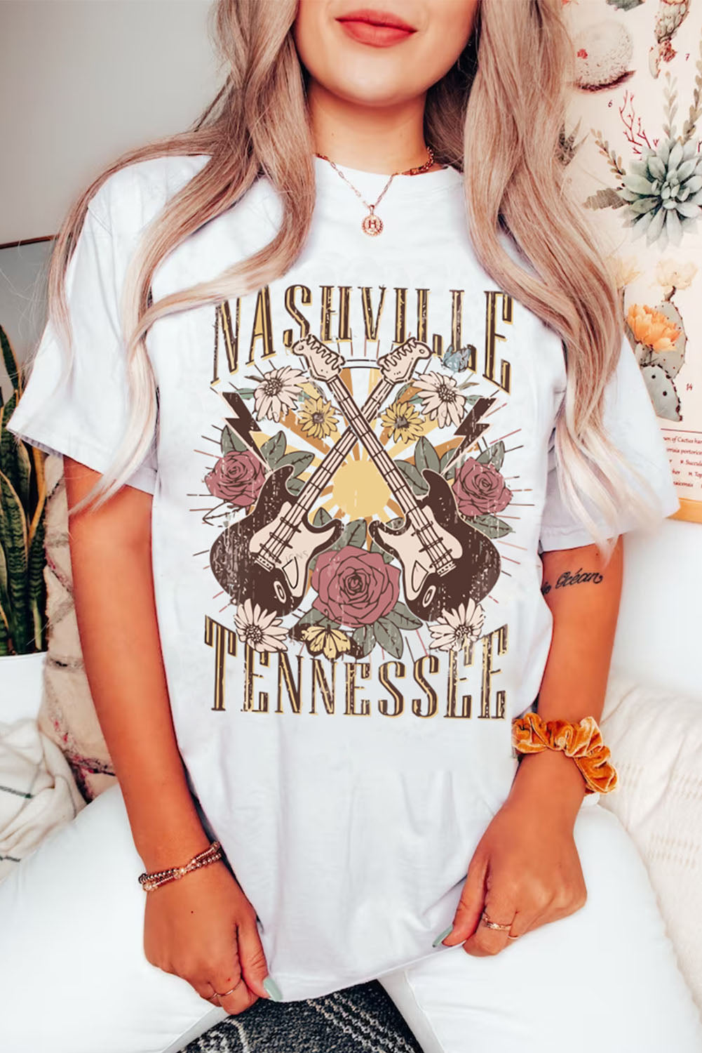 White Nashville Tennessee Guitar Rose Graphic Crewneck Tee Graphic Tees JT's Designer Fashion