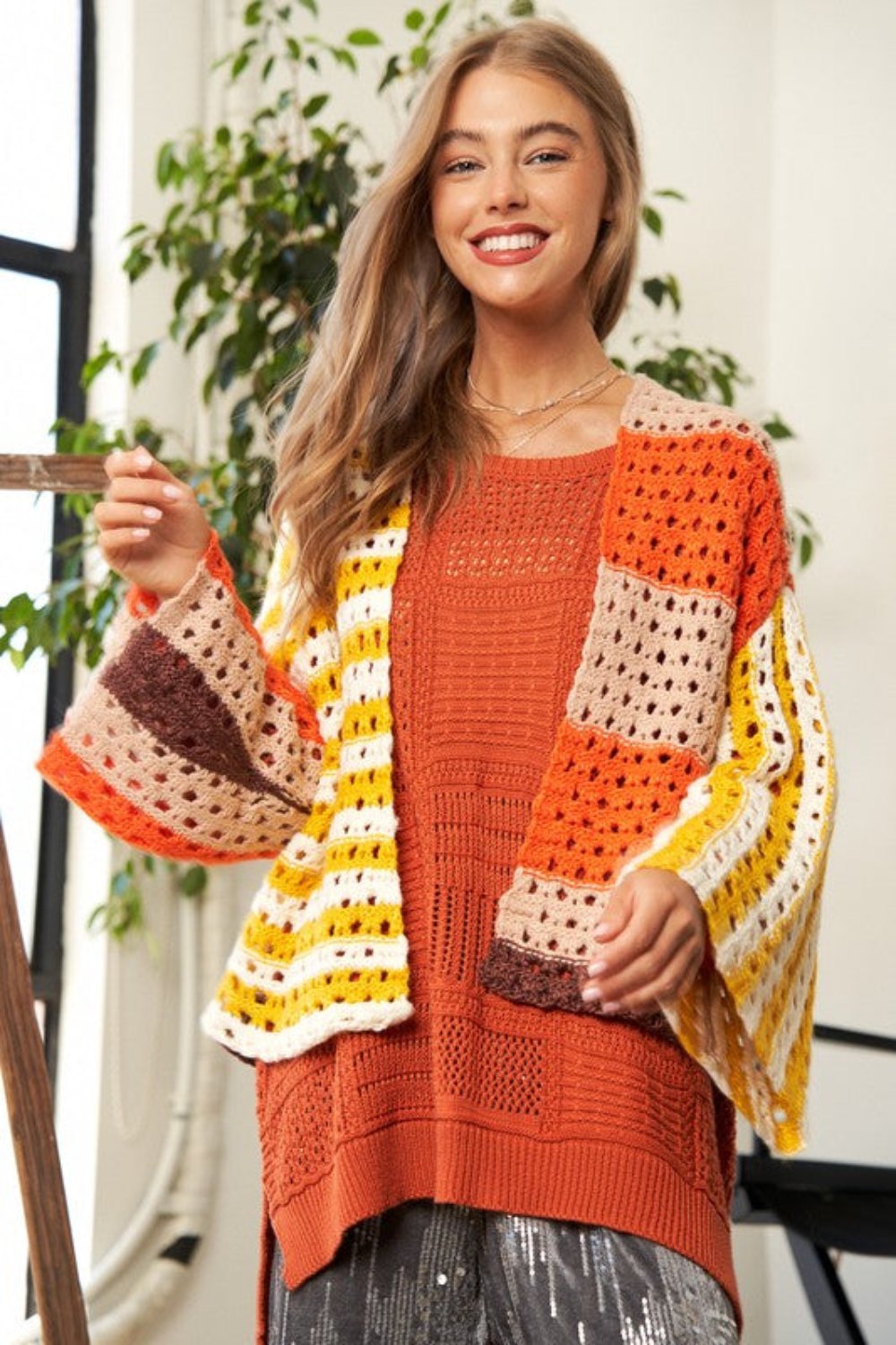 Openwork Open Front Striped Cardigan YELLOW ORANGE Long Sleeve Tops JT's Designer Fashion