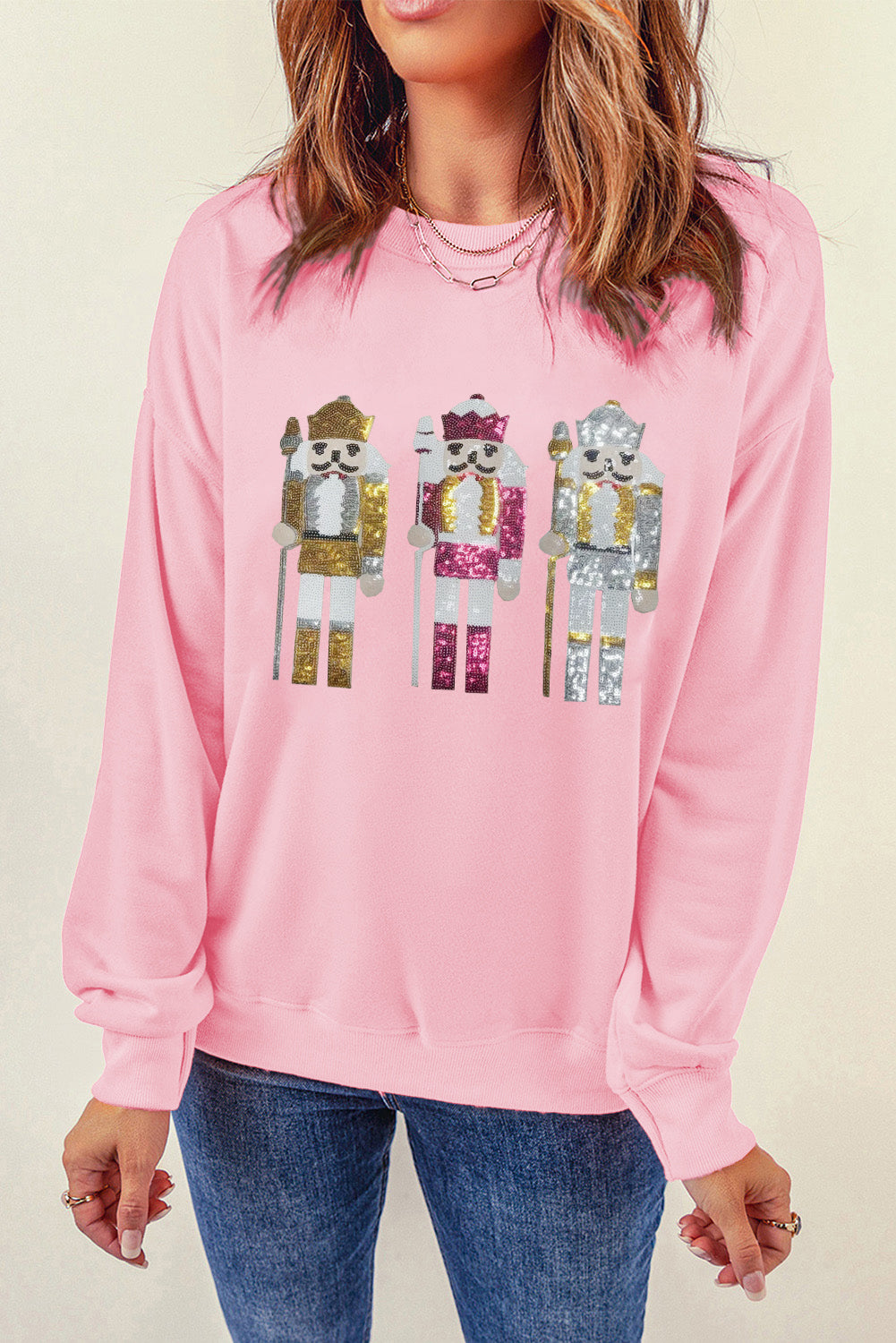 Pink Christmas Nutcracker Patched Drop Shoulder Sweatshirt Graphic Sweatshirts JT's Designer Fashion