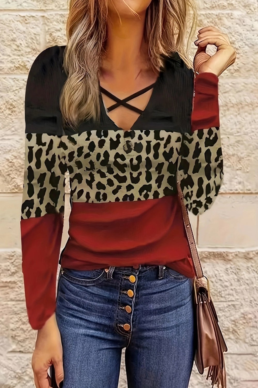 Crisscross Color Block Long Sleeve T-Shirt Deep Red Long Sleeve Tops JT's Designer Fashion