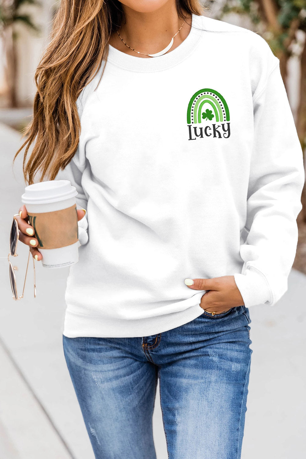 White Lucky Clover St Patrick Rainbow Graphic Sweatshirt Graphic Sweatshirts JT's Designer Fashion