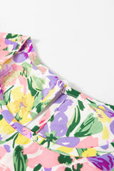 Purple Floral Print Puff Short Sleeve Crew Neck Blouse Blouses & Shirts JT's Designer Fashion