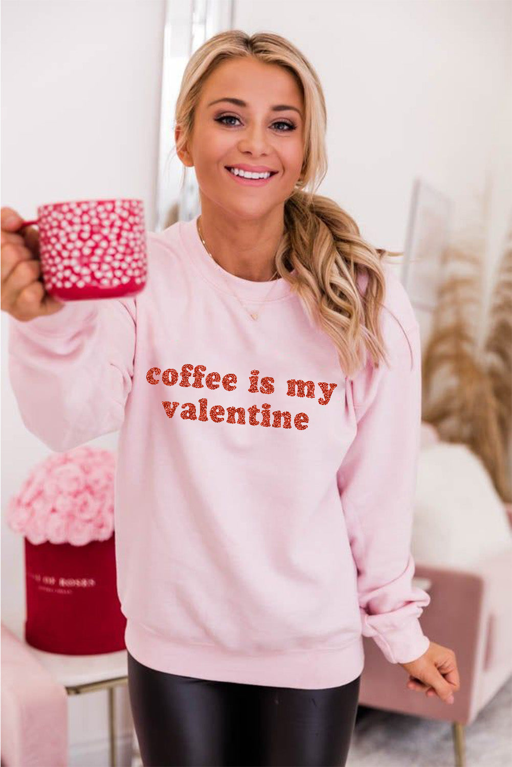 Pink Sequined Coffee is my Valentine Graphic Pullover Sweatshirt Graphic Sweatshirts JT's Designer Fashion