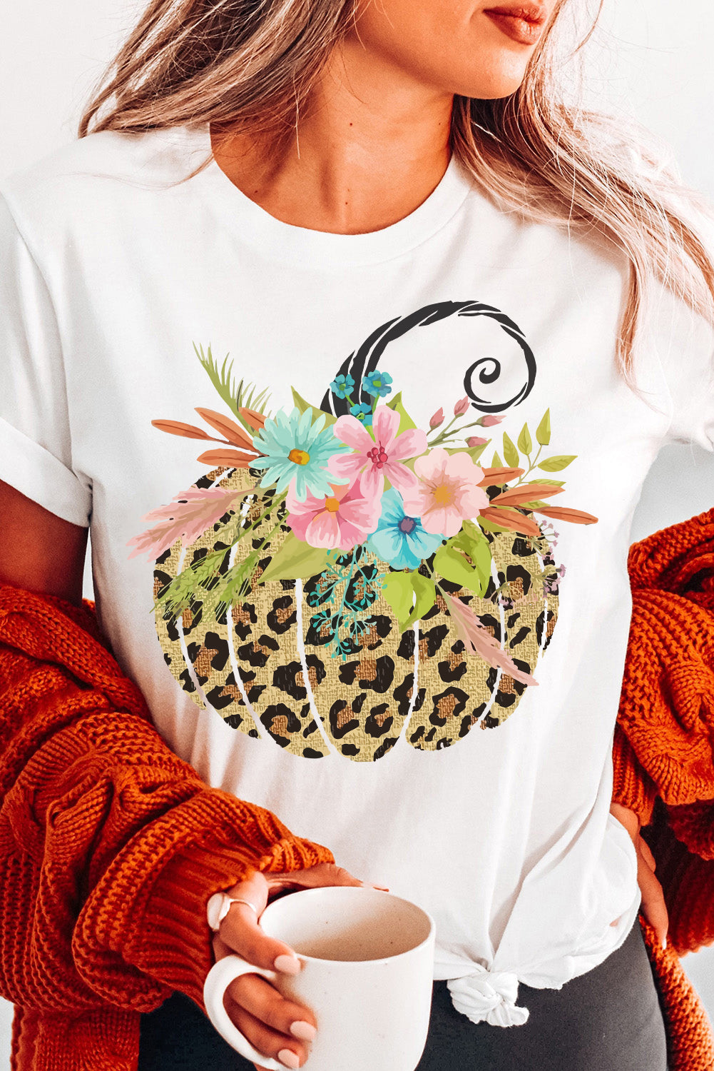 White Floral Leopard Pumpkin Graphic Halloween T Shirt Graphic Tees JT's Designer Fashion