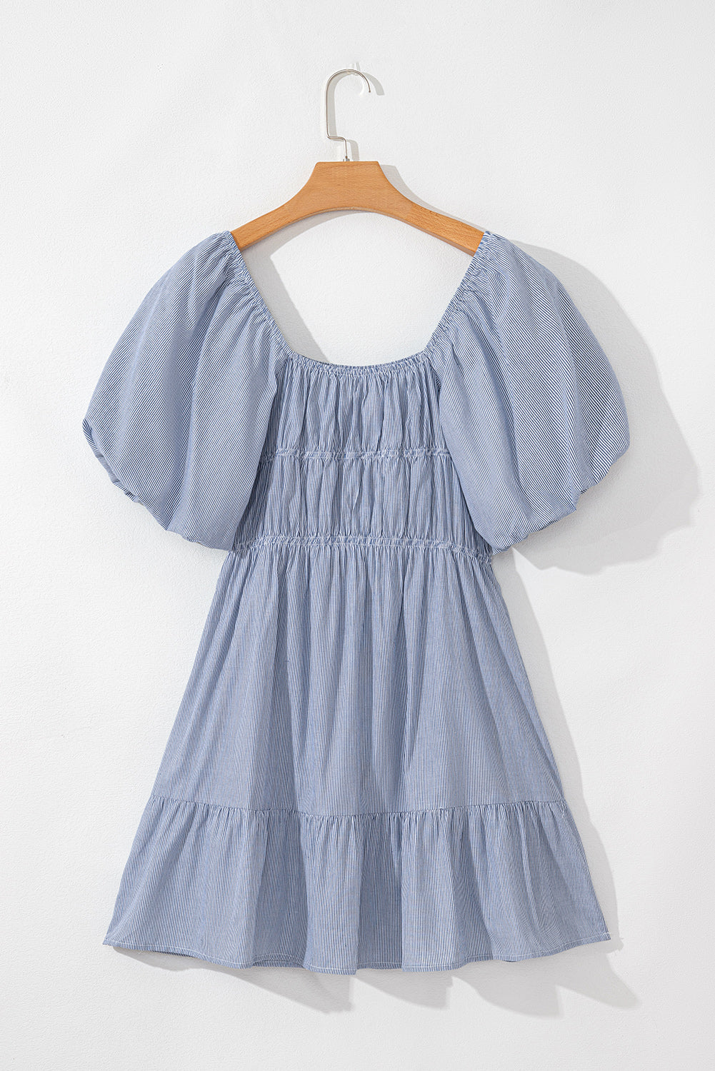 Sky Blue Stripe Bubble Sleeve Square Neck Ruched Pocketed Babydoll Dress Mini Dresses JT's Designer Fashion