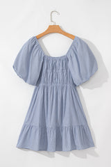 Sky Blue Stripe Bubble Sleeve Square Neck Ruched Pocketed Babydoll Dress Mini Dresses JT's Designer Fashion