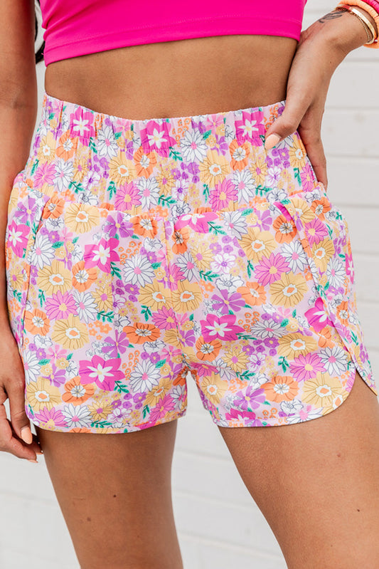 Pink Boho Floral Shirred High Waist Casual Shorts Bottoms JT's Designer Fashion