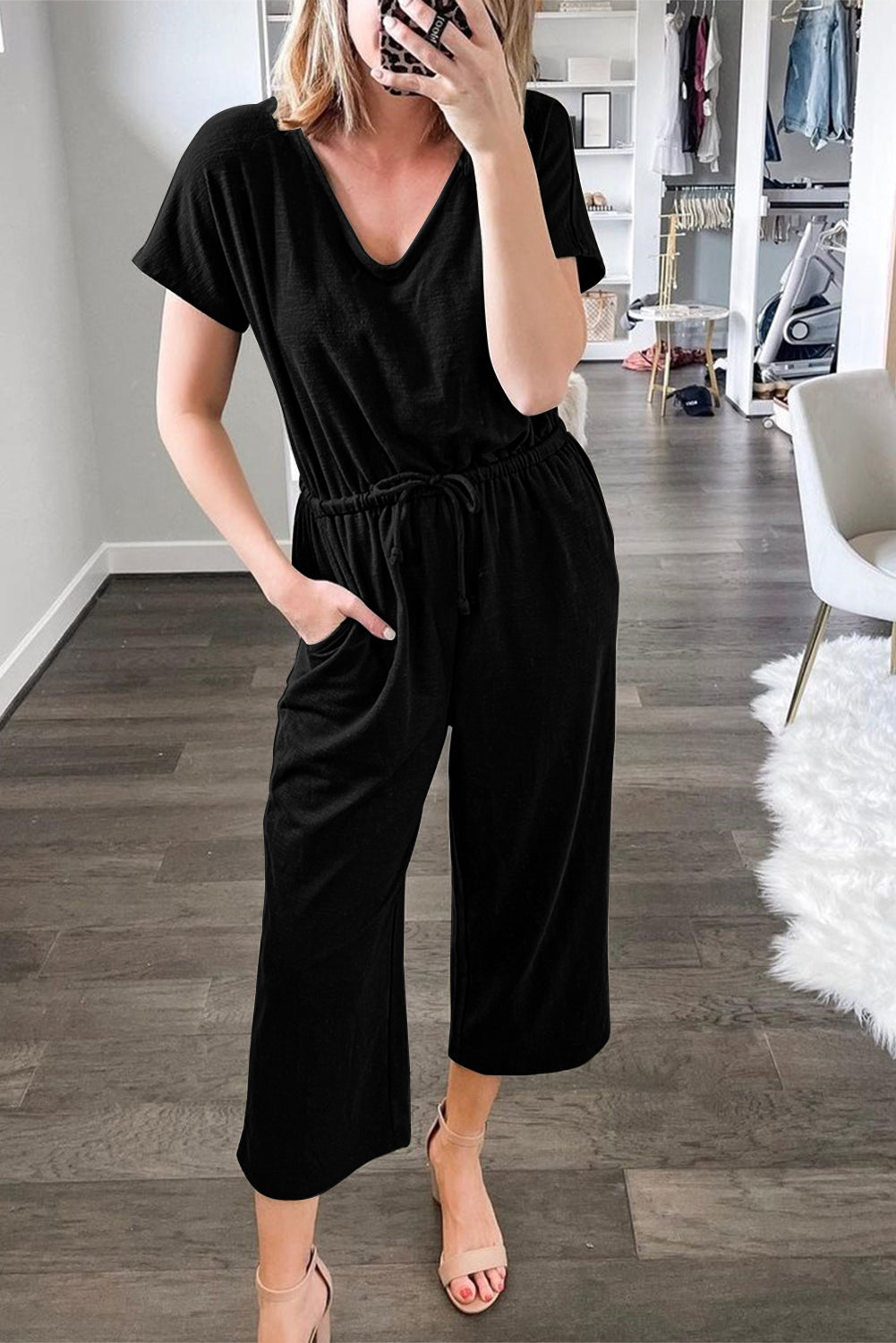 Black V Neck Short Sleeve Jumpsuit Jumpsuits & Rompers JT's Designer Fashion