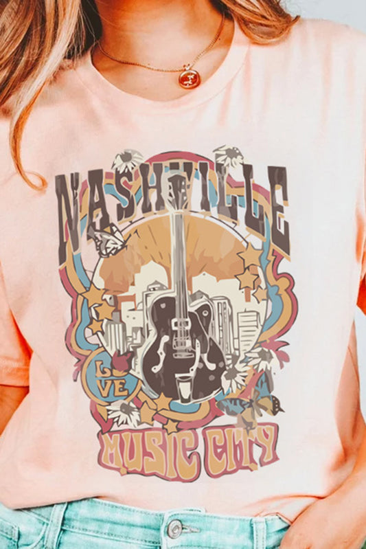 Pink Western MUSIC CITY Graphic Print Crewneck T Shirt Pink 95%Polyester+5%Elastane Graphic Tees JT's Designer Fashion