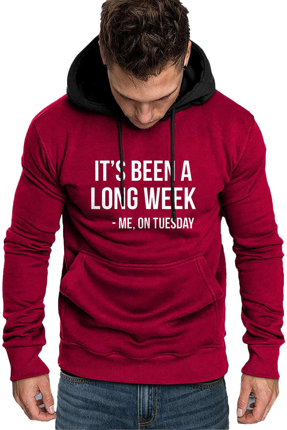 Fiery Red Letter Print Color Block Kangaroo Pocket Slim-fit Men's Hoodie Men's Tops JT's Designer Fashion