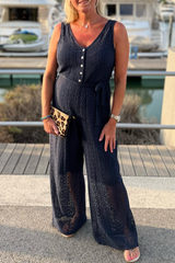 Black Lace Sleeveless V Neck Buttoned Front Belted Wide Leg Jumpsuit Pre Order Bottoms JT's Designer Fashion