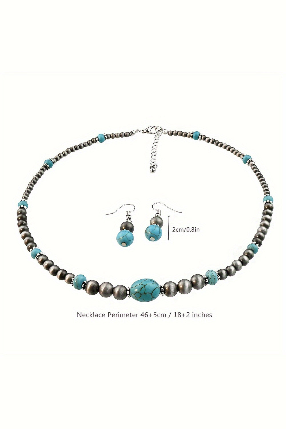 Silvery Western Turquoise Beaded Necklace and Earring Set Jewelry JT's Designer Fashion