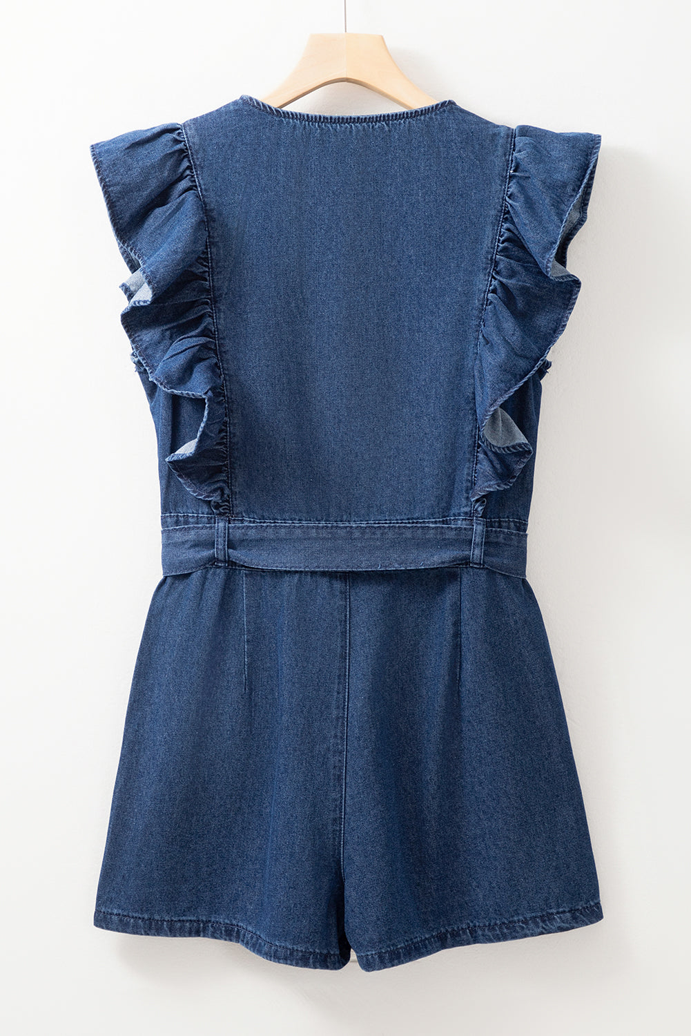 Sail Blue Denim Ruffled Zipped Front Belted Romper Jumpsuits & Rompers JT's Designer Fashion