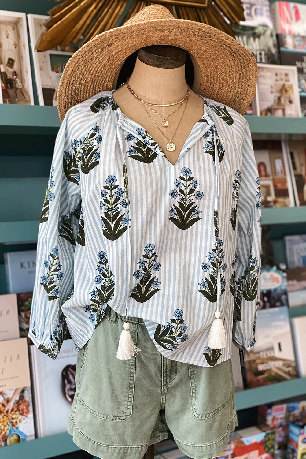 Beau Blue Striped Floral Printed Long Sleeve Tied V Neck Blouse Blouses & Shirts JT's Designer Fashion