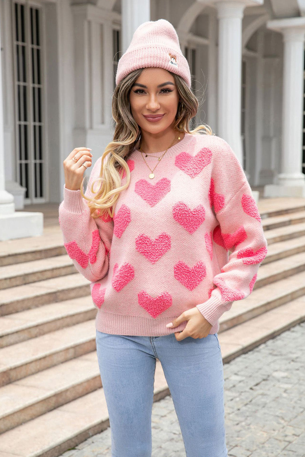 Light Pink Valentine’s Day Heart Jacquard Knit Sweater Sweaters & Cardigans JT's Designer Fashion