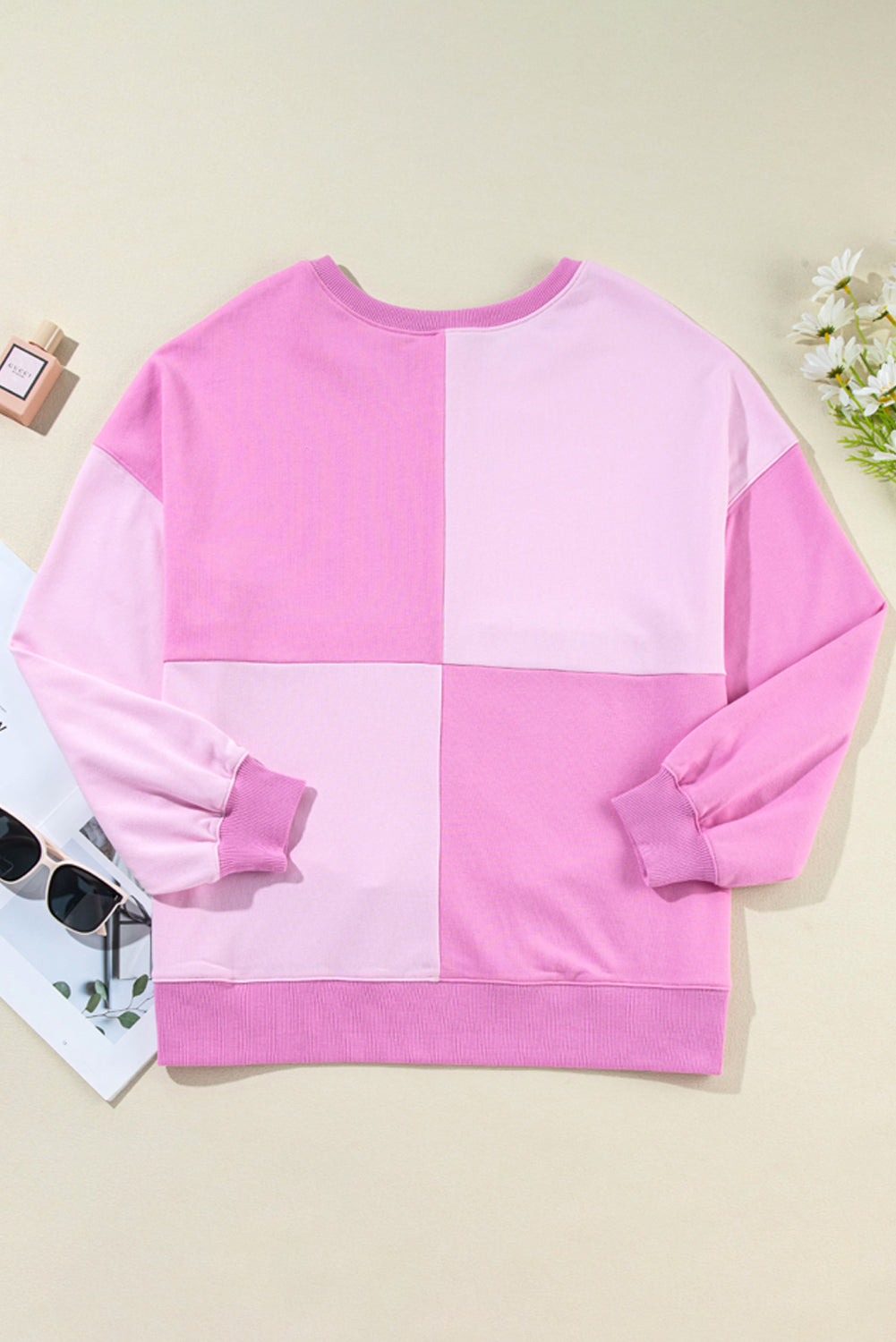 Pink Colorblock Henley High Low Oversize Sweatshirt Sweatshirts & Hoodies JT's Designer Fashion